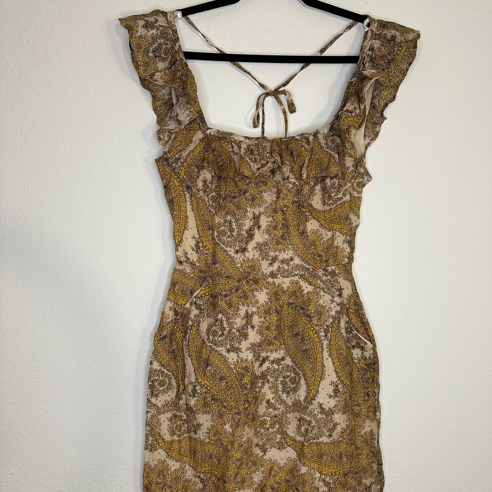 NWT MINKPINK Brown yellow paisley Ruffled Mini Sundress